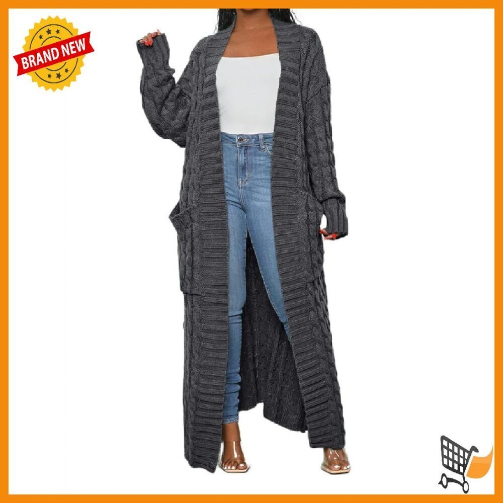 Long Cable Knit Cardigan with Pockets, Soft Stretchy Fabric